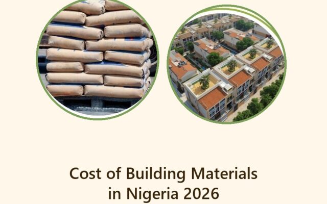 Cost of building materials in Nigeria 2026 - stacked cement bags beside a Nigerian housing estate