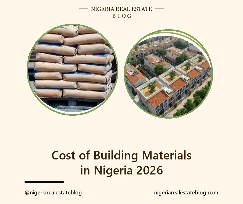 Cost of building materials in Nigeria 2026 - stacked cement bags beside a Nigerian housing estate